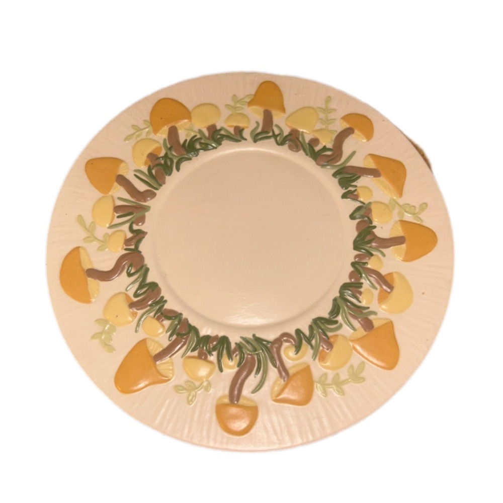 Vtg 70s Mushroom Ceramic Plate 11" Hand Painted Signed